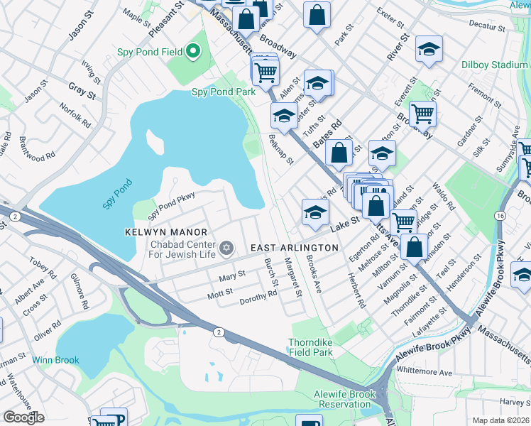 map of restaurants, bars, coffee shops, grocery stores, and more near 18 Hamilton Road in Arlington