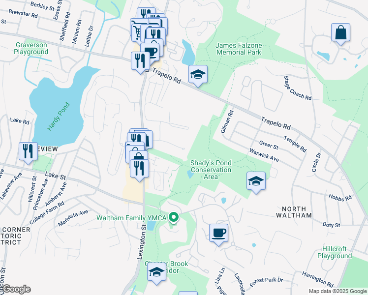 map of restaurants, bars, coffee shops, grocery stores, and more near 58 Jacqueline Road in Waltham