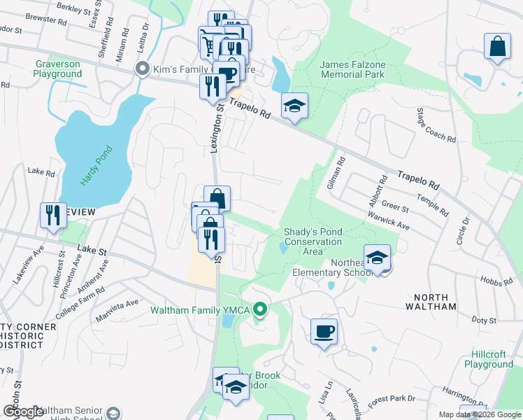 map of restaurants, bars, coffee shops, grocery stores, and more near 42 Lionel Avenue in Waltham