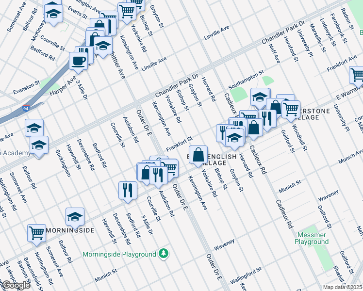 map of restaurants, bars, coffee shops, grocery stores, and more near 5246 Kensington Avenue in Detroit