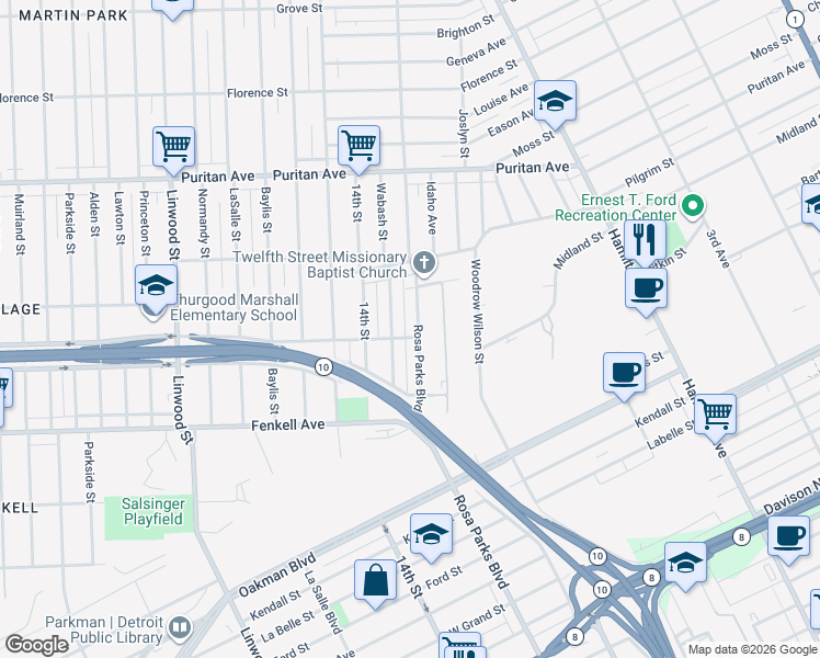 map of restaurants, bars, coffee shops, grocery stores, and more near 15563 Rosa Parks Boulevard in Detroit