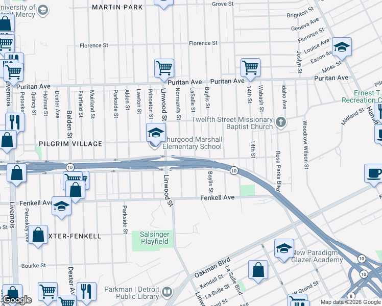 map of restaurants, bars, coffee shops, grocery stores, and more near 15575 LaSalle Street in Detroit