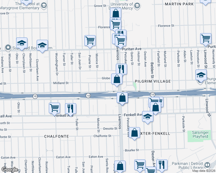 map of restaurants, bars, coffee shops, grocery stores, and more near 6385 Globe Street in Detroit