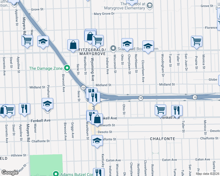 map of restaurants, bars, coffee shops, grocery stores, and more near 15717 Wisconsin Street in Detroit
