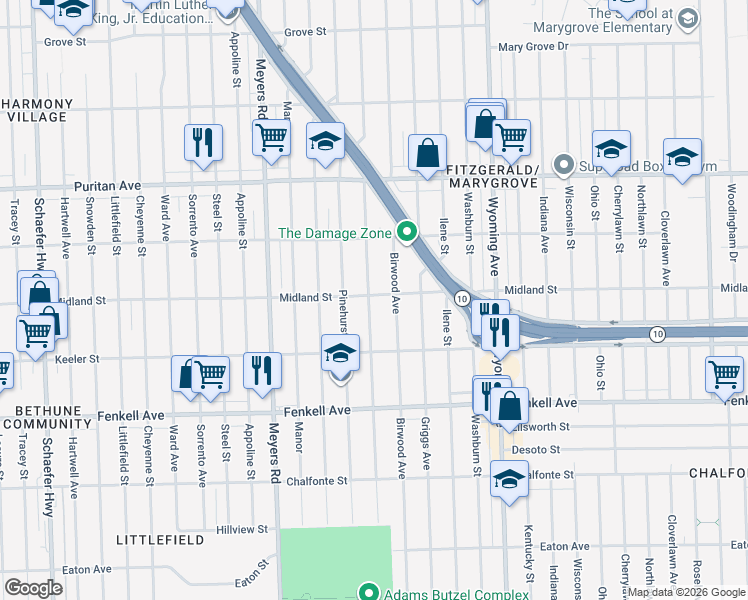 map of restaurants, bars, coffee shops, grocery stores, and more near 15731 Birwood Street in Detroit