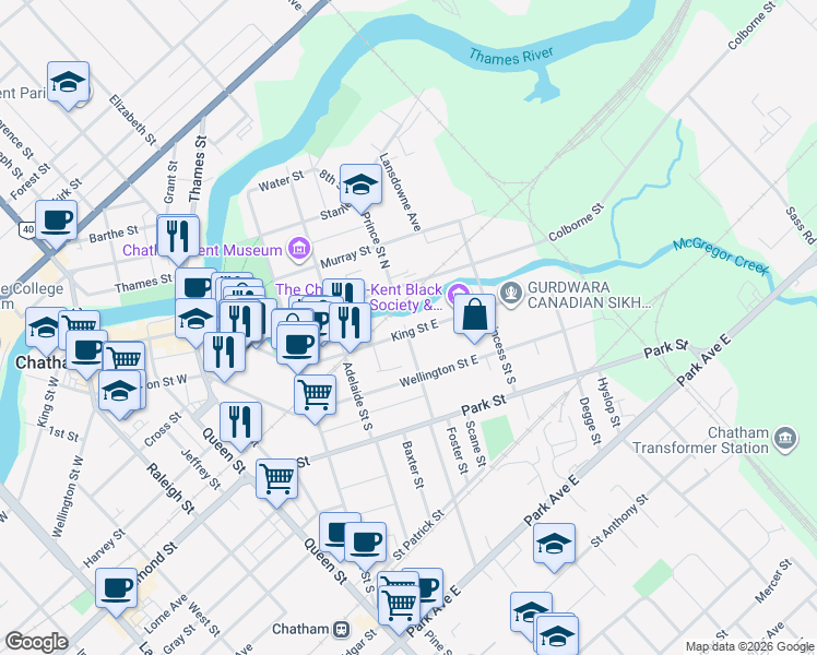map of restaurants, bars, coffee shops, grocery stores, and more near 105 King Street East in Chatham