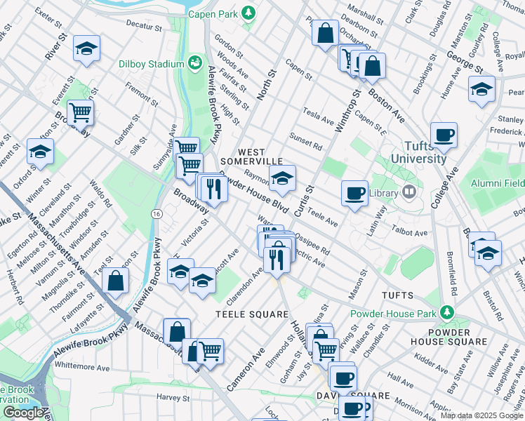 map of restaurants, bars, coffee shops, grocery stores, and more near 210 Powder House Boulevard in Somerville