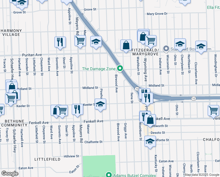 map of restaurants, bars, coffee shops, grocery stores, and more near 15731 Birwood Street in Detroit