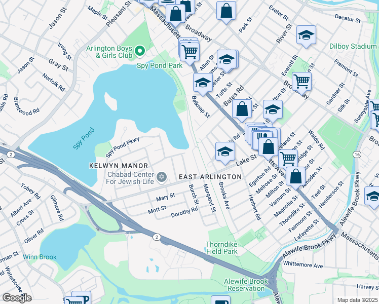 map of restaurants, bars, coffee shops, grocery stores, and more near 18 Hamilton Road in Arlington