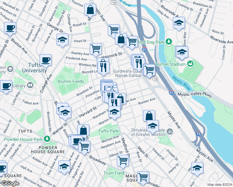 map of restaurants, bars, coffee shops, grocery stores, and more near 21 Wright Avenue in Medford