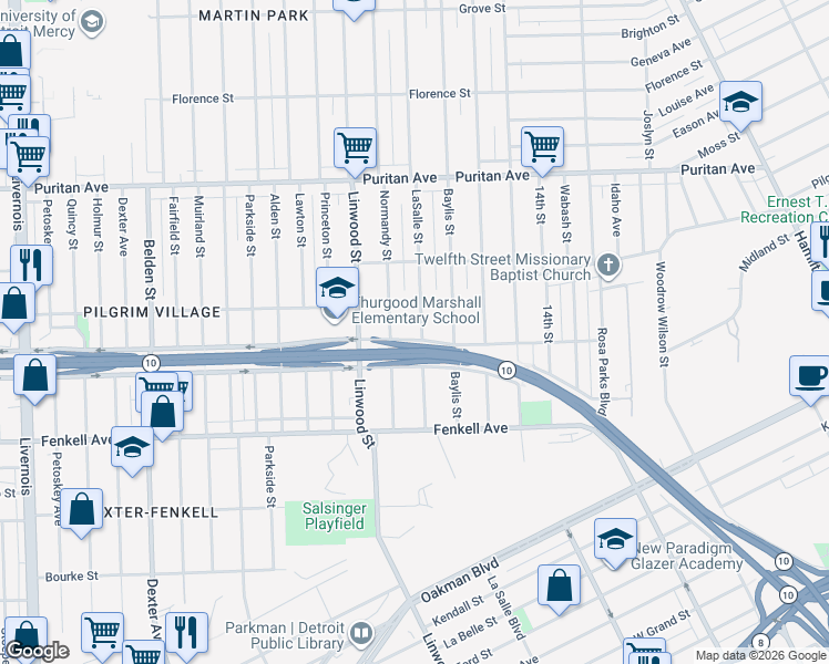 map of restaurants, bars, coffee shops, grocery stores, and more near 15575 LaSalle Street in Detroit