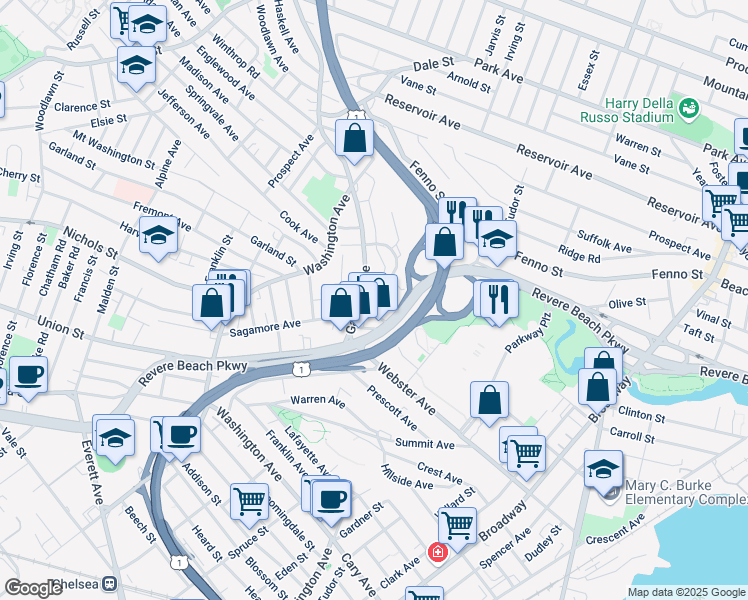 map of restaurants, bars, coffee shops, grocery stores, and more near 83 Garfield Avenue in Chelsea