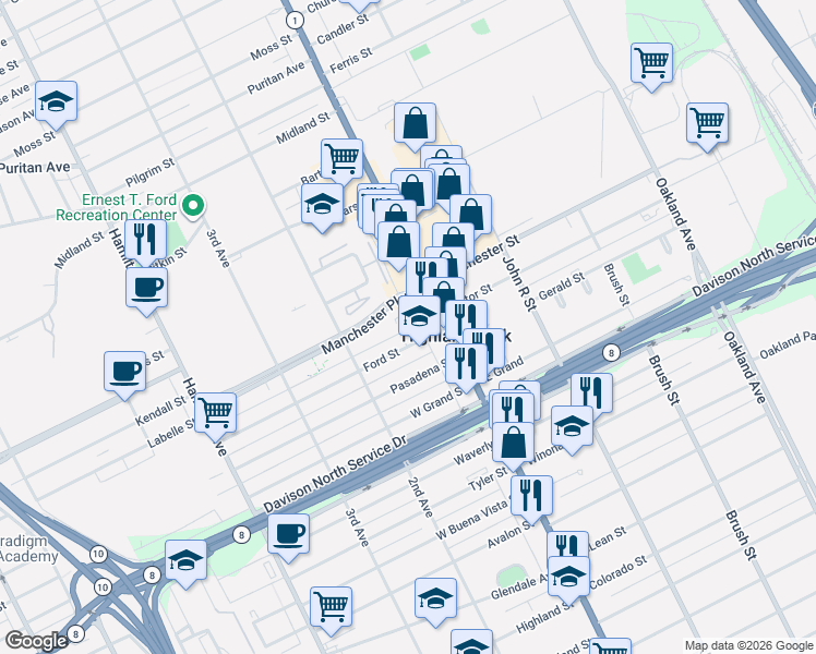 map of restaurants, bars, coffee shops, grocery stores, and more near 33 Labelle Street in Highland Park