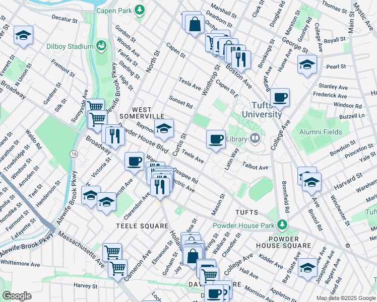 map of restaurants, bars, coffee shops, grocery stores, and more near 37 Teele Avenue in Somerville
