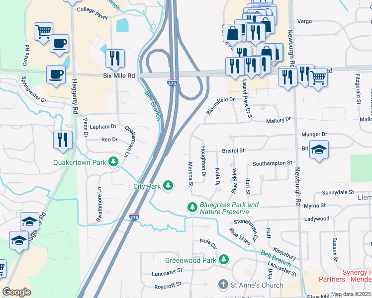 map of restaurants, bars, coffee shops, grocery stores, and more near 16577 Marsha Street in Livonia