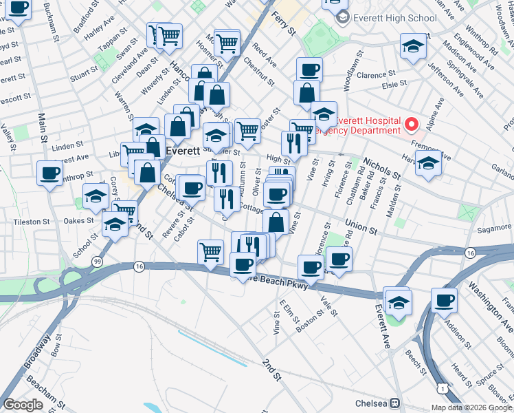 map of restaurants, bars, coffee shops, grocery stores, and more near 13 Oliver Street in Everett