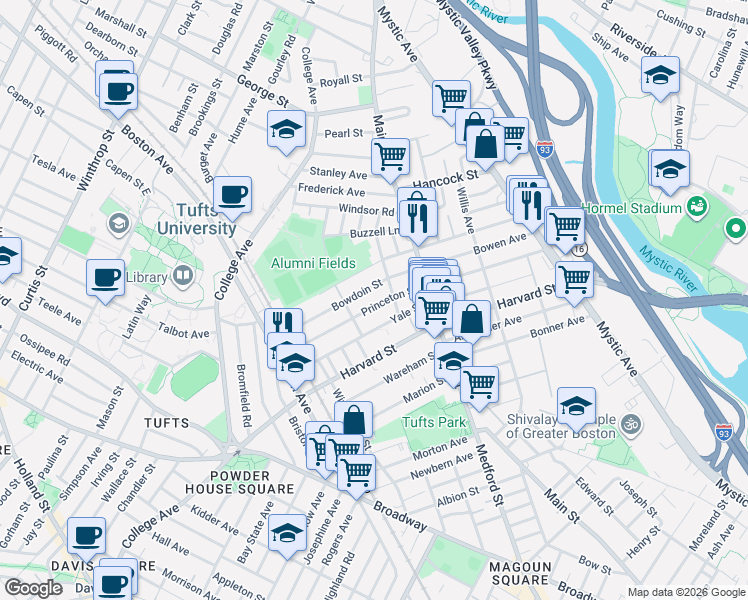 map of restaurants, bars, coffee shops, grocery stores, and more near 43 Bowdoin Street in Medford