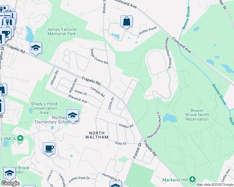 map of restaurants, bars, coffee shops, grocery stores, and more near 28 Wight Street in Waltham