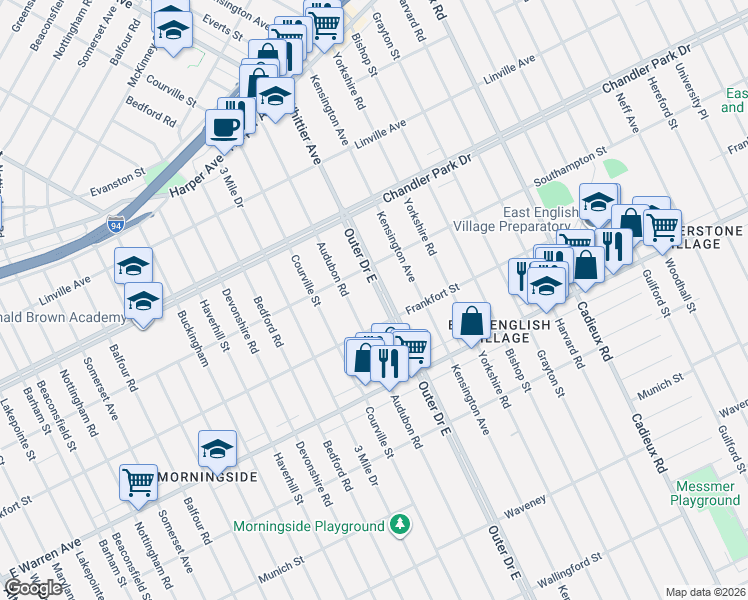 map of restaurants, bars, coffee shops, grocery stores, and more near 12177 Outer Drive East in Detroit