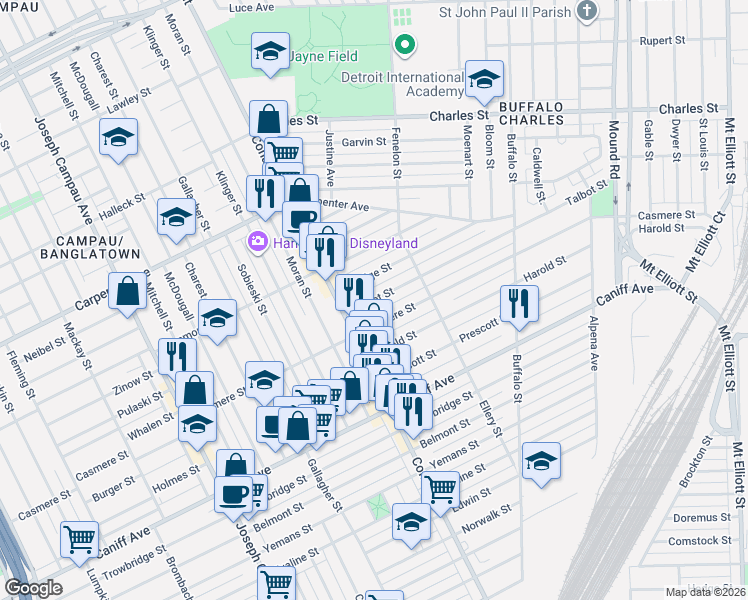 map of restaurants, bars, coffee shops, grocery stores, and more near 3878 Eldridge Street in Hamtramck
