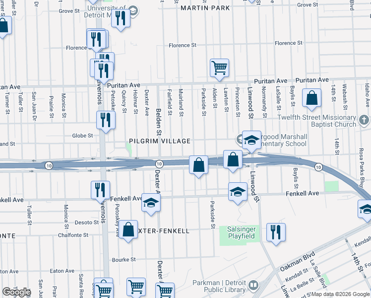 map of restaurants, bars, coffee shops, grocery stores, and more near 15700 Muirland Street in Detroit