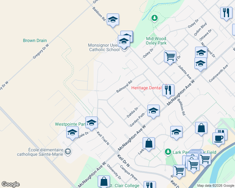 map of restaurants, bars, coffee shops, grocery stores, and more near 87 Balmoral Road in Chatham