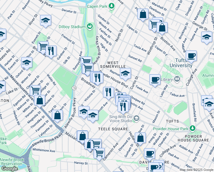 map of restaurants, bars, coffee shops, grocery stores, and more near 35 Barton Street in Somerville