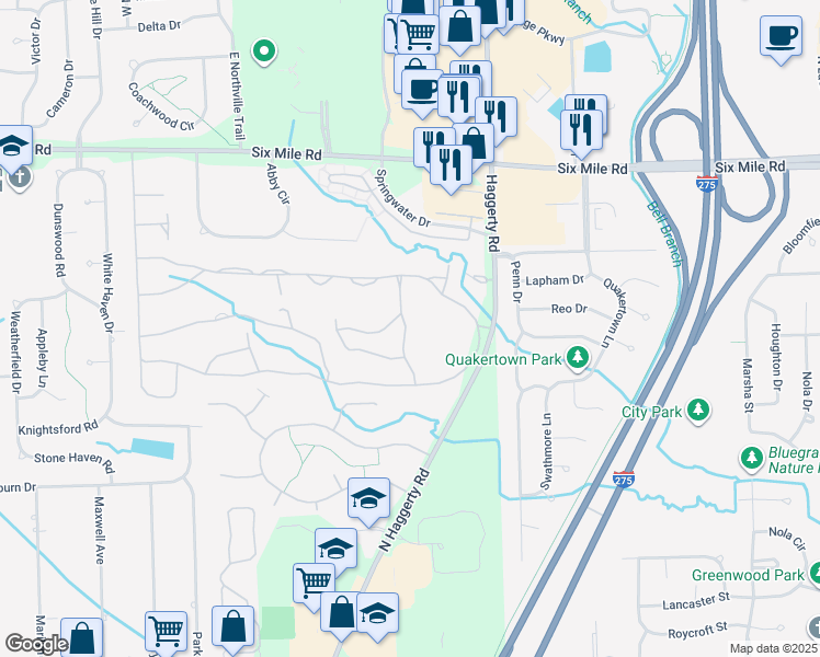 map of restaurants, bars, coffee shops, grocery stores, and more near 16362 Forest Lake Drive in Northville