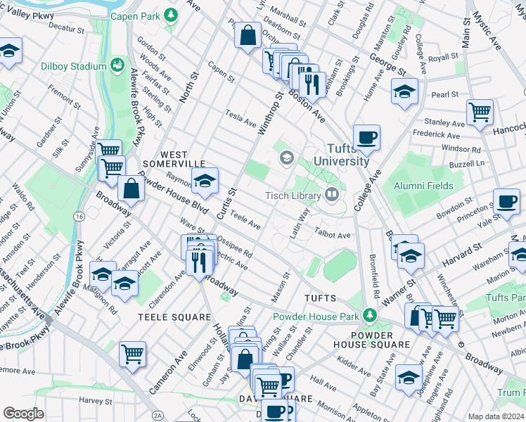 map of restaurants, bars, coffee shops, grocery stores, and more near 9 Whitfield Road in Somerville