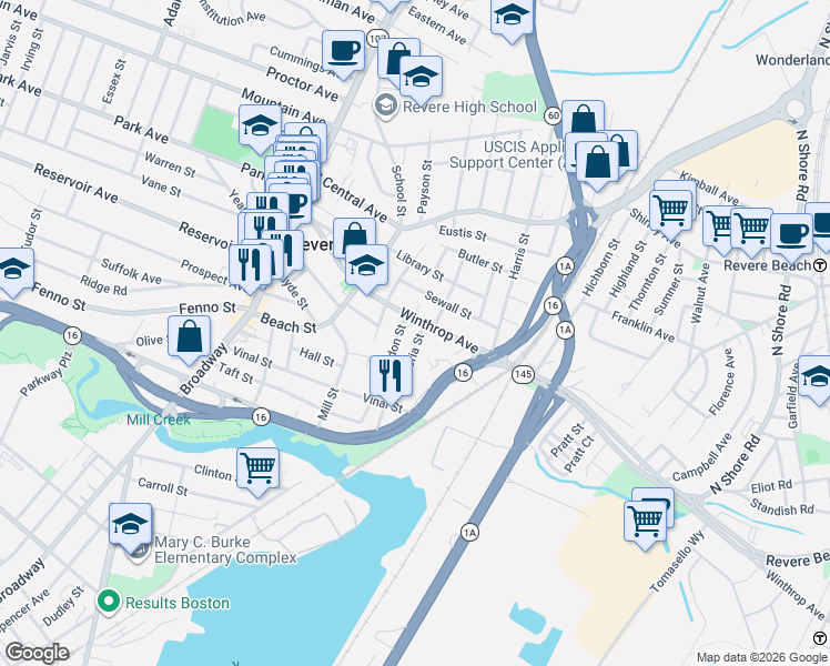 map of restaurants, bars, coffee shops, grocery stores, and more near 160 Winthrop Avenue in Revere