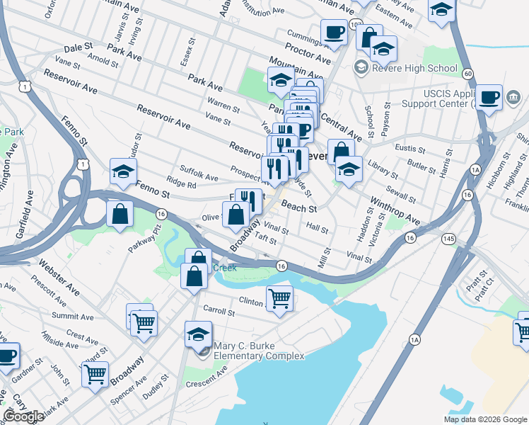 map of restaurants, bars, coffee shops, grocery stores, and more near 209 Broadway in Revere