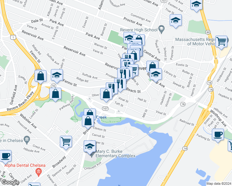 map of restaurants, bars, coffee shops, grocery stores, and more near 40 Fenno Street in Revere