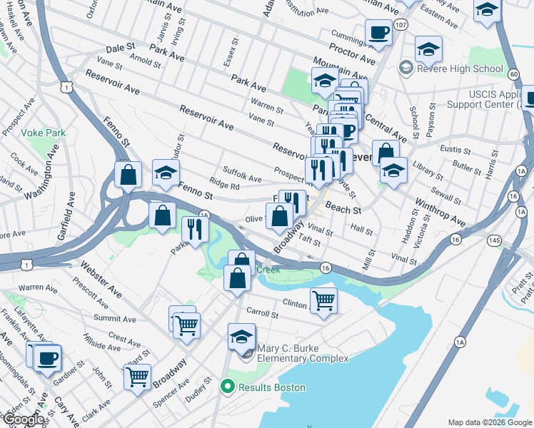 map of restaurants, bars, coffee shops, grocery stores, and more near 80 Fenno Street in Revere