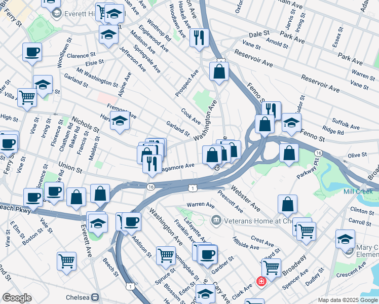 map of restaurants, bars, coffee shops, grocery stores, and more near 455 Washington Avenue in Chelsea