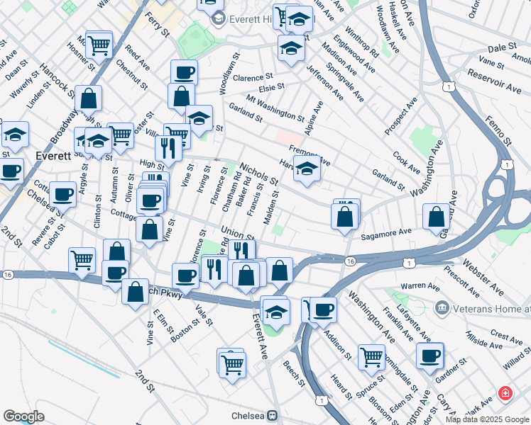 map of restaurants, bars, coffee shops, grocery stores, and more near 110 Francis Street in Everett