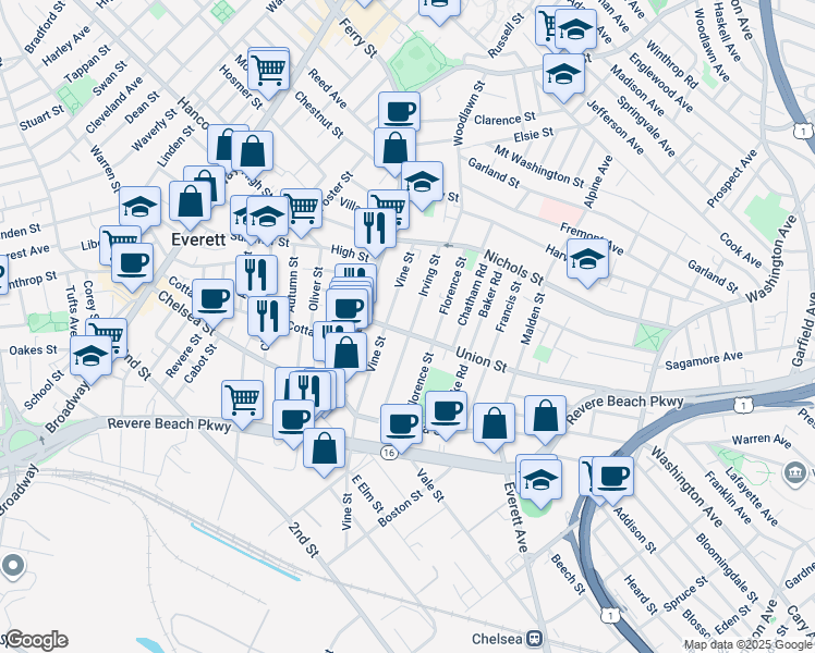 map of restaurants, bars, coffee shops, grocery stores, and more near 209 Vine Street in Everett