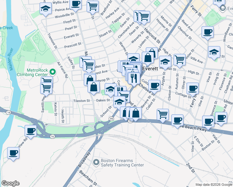 map of restaurants, bars, coffee shops, grocery stores, and more near 38 Corey Street in Everett