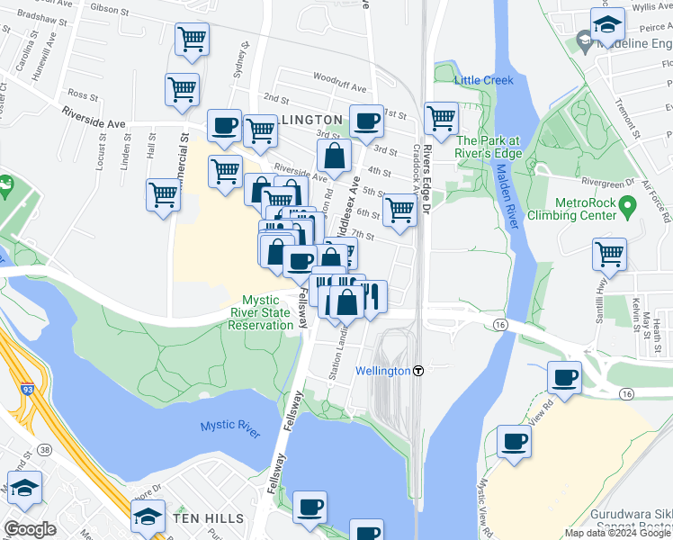 map of restaurants, bars, coffee shops, grocery stores, and more near 135 Middlesex Avenue in Medford