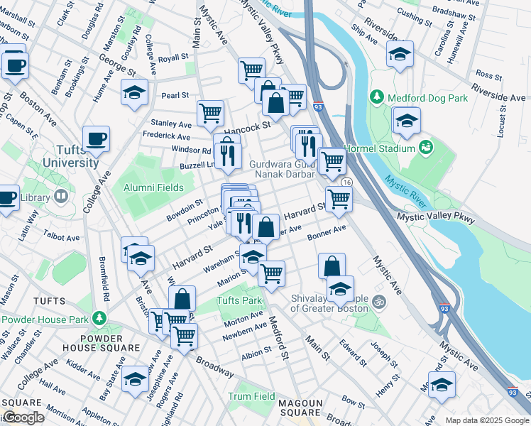 map of restaurants, bars, coffee shops, grocery stores, and more near 107 Willis Avenue in Medford