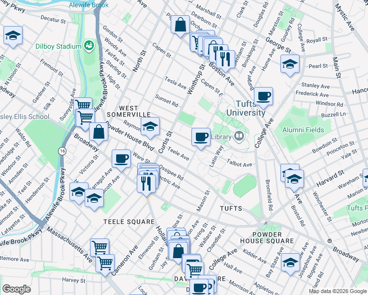 map of restaurants, bars, coffee shops, grocery stores, and more near 36 Sawyer Avenue in Medford