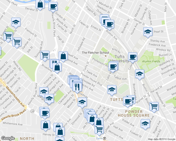 map of restaurants, bars, coffee shops, grocery stores, and more near 92 Curtis Street in Somerville