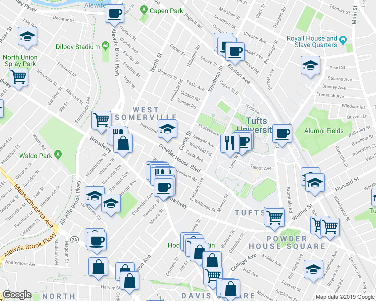 map of restaurants, bars, coffee shops, grocery stores, and more near 90 Curtis Street in Somerville