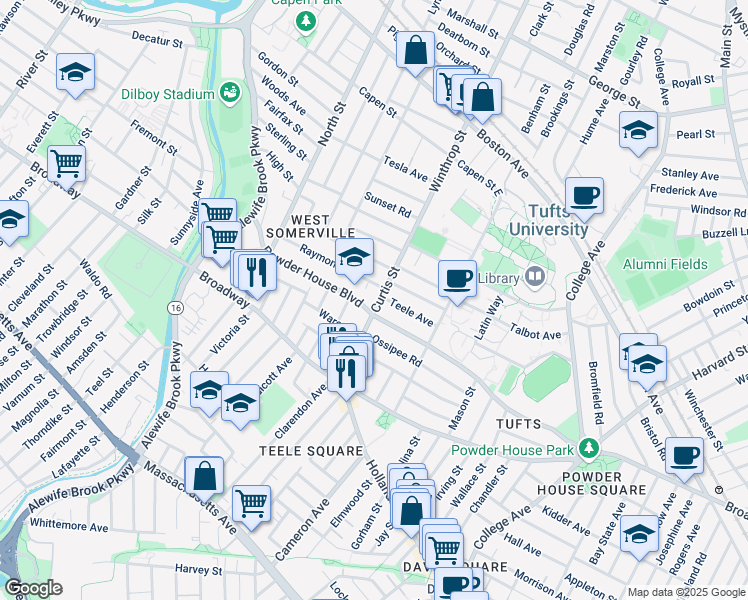 map of restaurants, bars, coffee shops, grocery stores, and more near 92 Curtis Street in Somerville