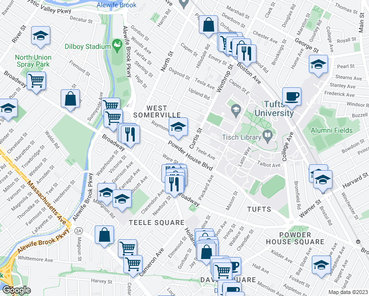 map of restaurants, bars, coffee shops, grocery stores, and more near 92 Curtis Street in Somerville