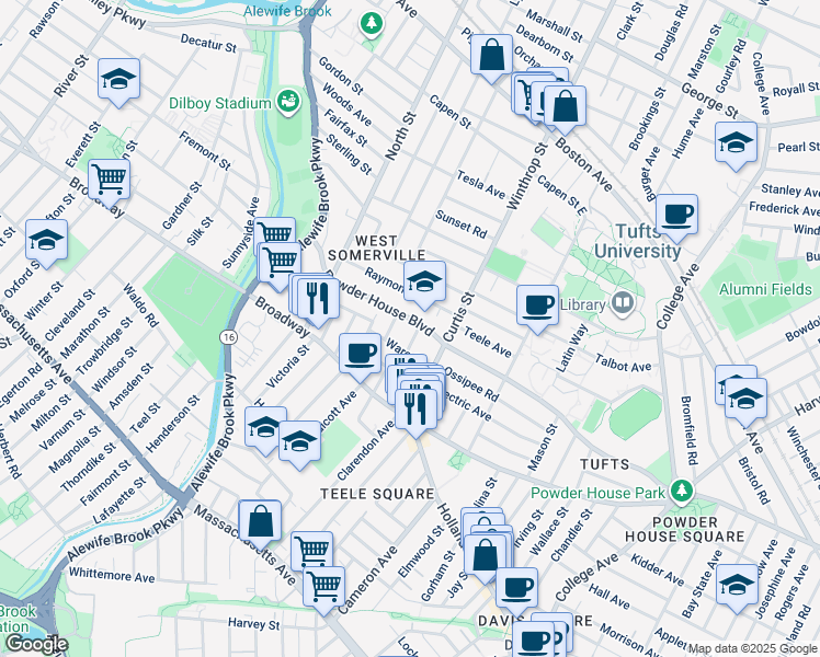 map of restaurants, bars, coffee shops, grocery stores, and more near 183 Powder House Boulevard in Somerville