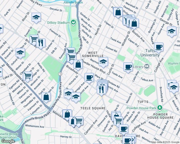 map of restaurants, bars, coffee shops, grocery stores, and more near 210 Powder House Boulevard in Somerville