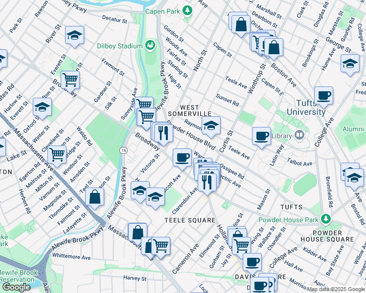 map of restaurants, bars, coffee shops, grocery stores, and more near 210 Powder House Boulevard in Somerville