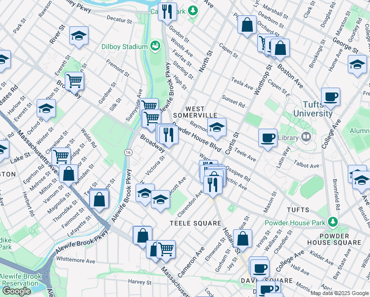 map of restaurants, bars, coffee shops, grocery stores, and more near 35 Barton Street in Somerville
