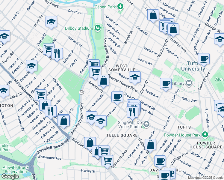 map of restaurants, bars, coffee shops, grocery stores, and more near 35 Barton Street in Somerville