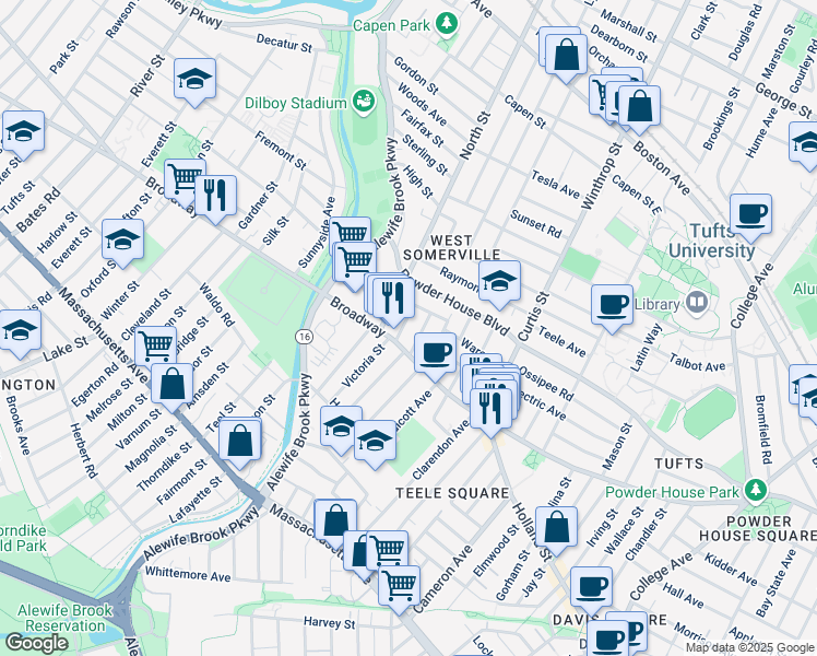 map of restaurants, bars, coffee shops, grocery stores, and more near 35 Barton Street in Somerville